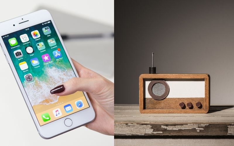 Split photo of a white iPhone phone on the left and a wooden DAB radio on the right 