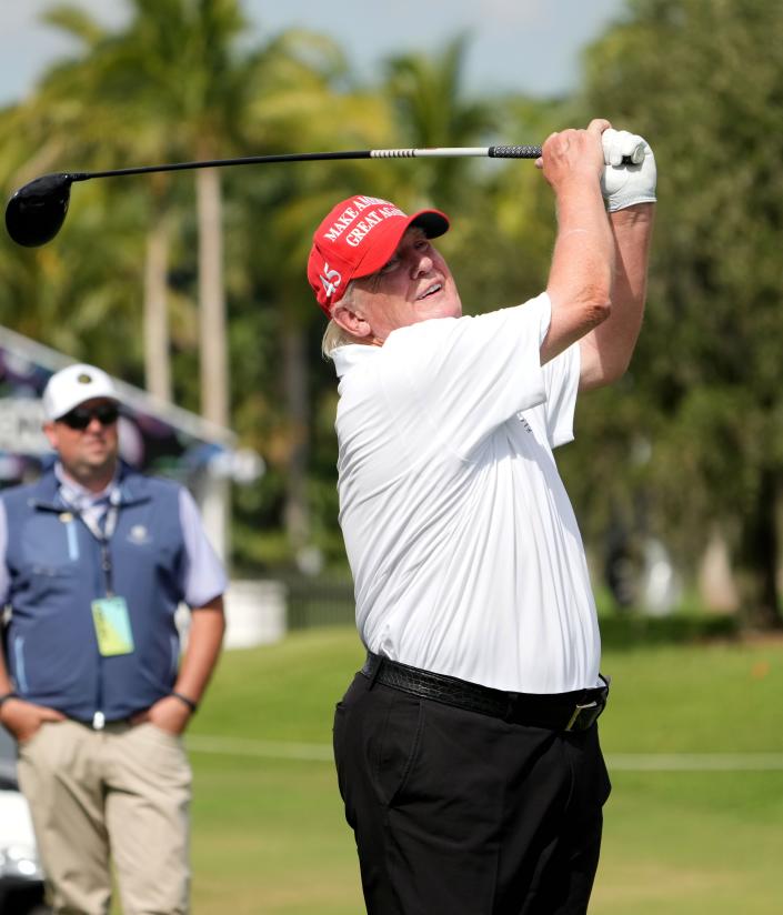 Former President Donald Trump on the 10th tee during the Pro-Am Tournament for the LIV Golf Series at Trump National Doral in October 2022.