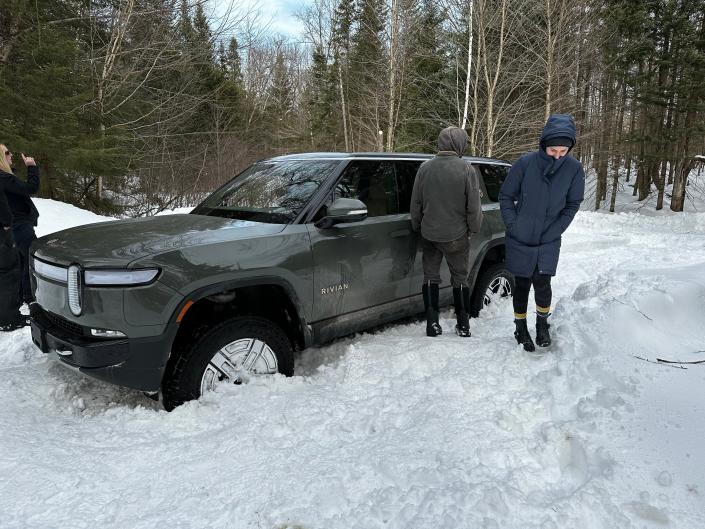 Chase Merrill's Rivian stuck in a blizzard.