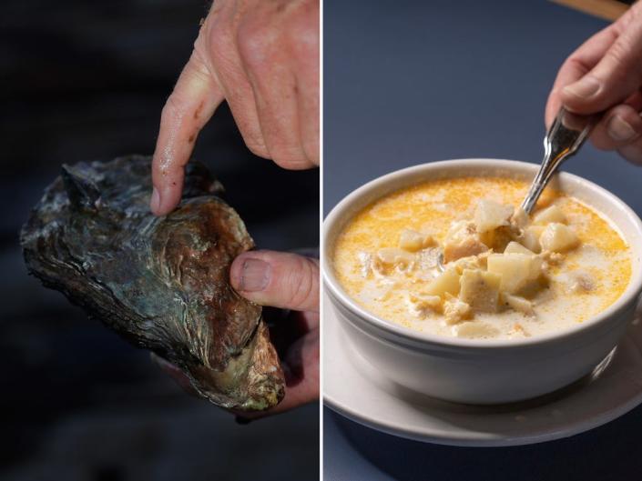 Left: A man holds a shellfish he retrieved from Mission Creek in San Francisco, Florida.  On the right a bowl of clam chowder soup.