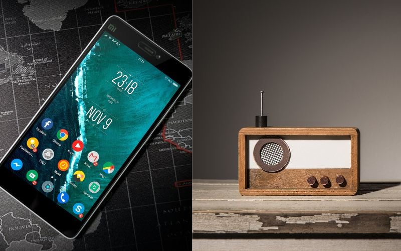 Split photo of a black Android smartphone on the left and a wooden DAB radio on the right 