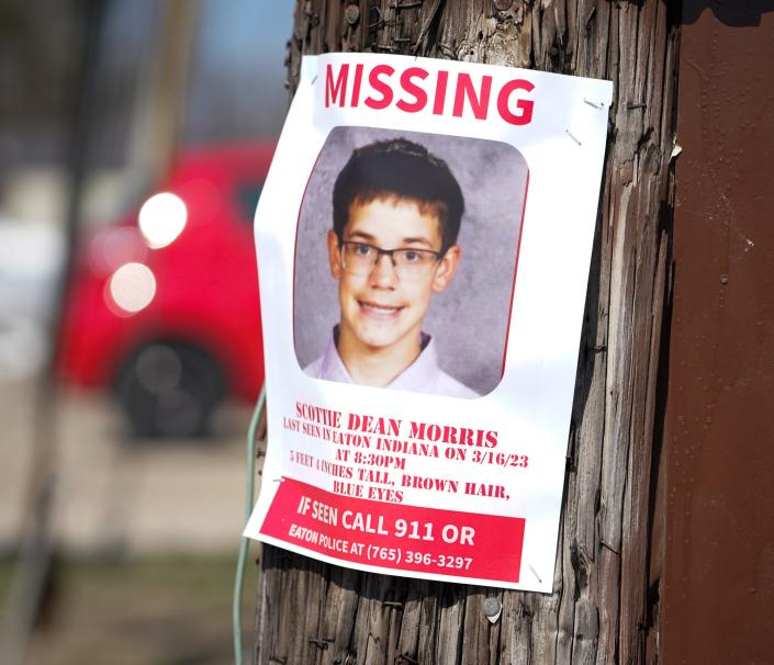 Flyers featuring missing child Scottie Dean Morris will be posted at the Country Mark gas station in Eaton Ind on Monday, March 20, 2023.  Morris, 14, left his family's Eaton home around 8:30 p.m. on Thursday, March 16, 2023, and has not been seen since.