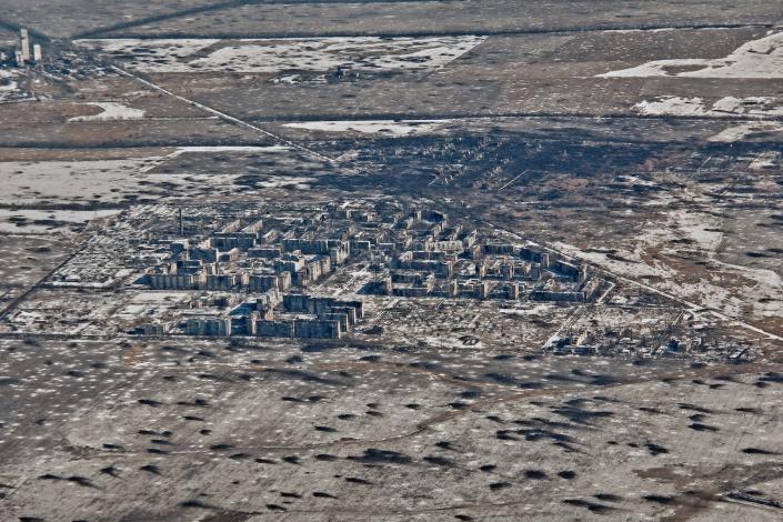 An aerial view of Vuhledar, the site of heavy fighting with Russian troops in the Donetsk region, Ukraine, Friday, February 10, 2020