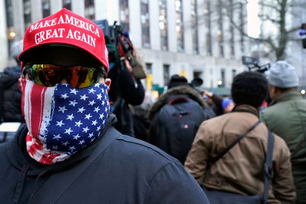 Members of the New York Young Republicans and the Long Island Loud Majority hold a scarcely attended rally for former President Donald Trump outside the offices of Manhattan District Attorney Alvin L. Bragg in New York City on March 20, 2023. 