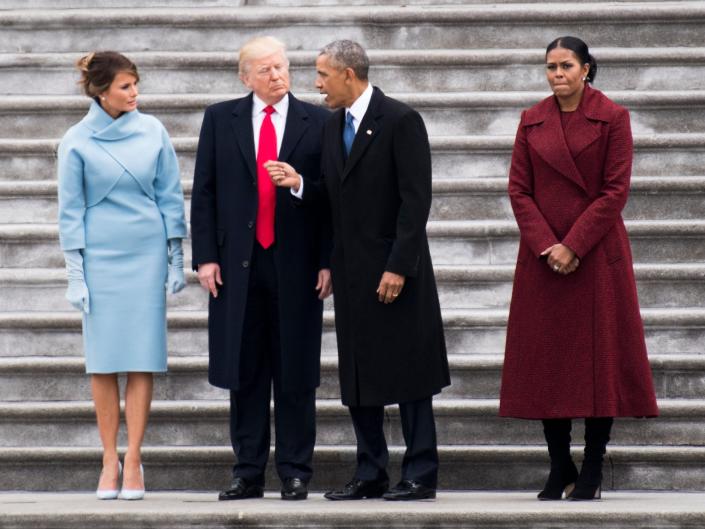 From left to right, First Lady Melania Trump, President Donald Trump, former President Barack Obama, and former First Lady Michelle Obama talk on the steps of the U.S. Capitol as the Obamas prepare to leave Washington following Donald Trump's swearing in as the 45th president of the United States on Friday, January 20, 2017