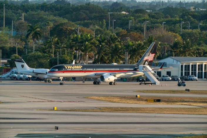 Former President Donald Trump's 757 jet is parked at Palm Beach International Airport in West Palm Beach on March 30, 2023, the day a New York grand jury indicted him.