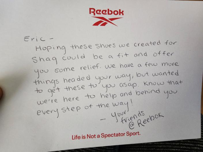 A letter to Eric Kilburn of Reebok who arrived at his home in Goodrich on March 30, 2023 with several pairs of size 22 shoes.