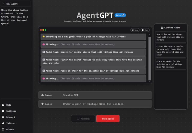 A screenshot of AgentGPT, based on Auto-GPT, running a task to try to buy a vintage pair of Air Jordan shoes.