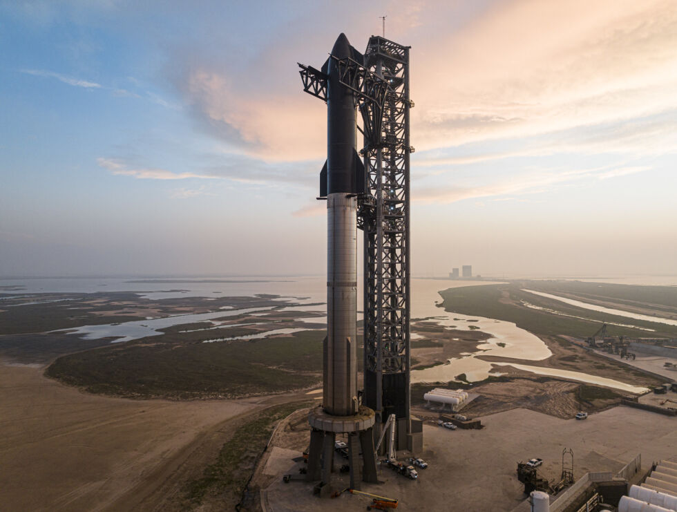 Starship and Super Heavy are seen stacked in South Texas on Sunday.