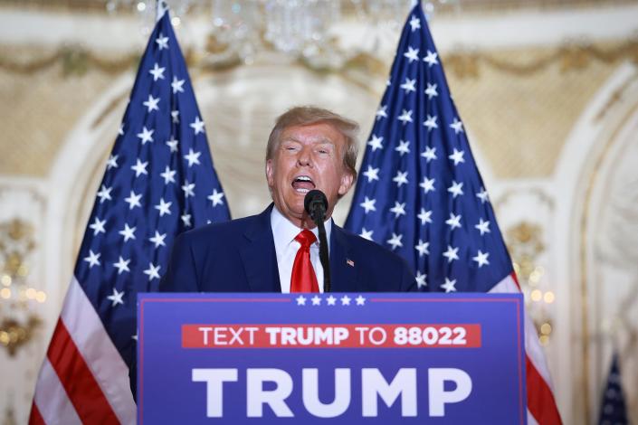 Former US President Donald Trump speaks at an event at the Mar-a-Lago Club on April 4, 2023 in West Palm Beach, Florida.