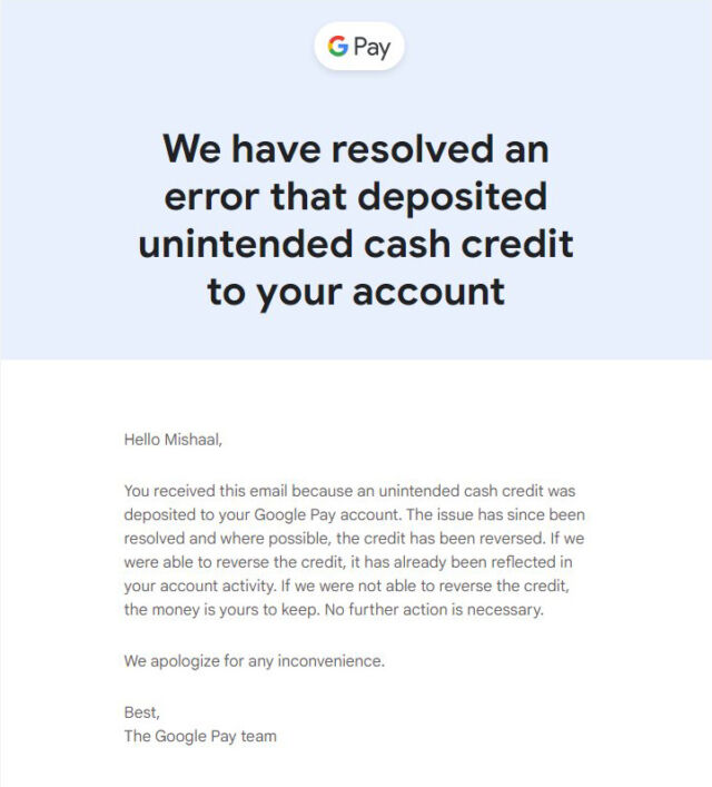 Google's message to users who received surprise deposits.