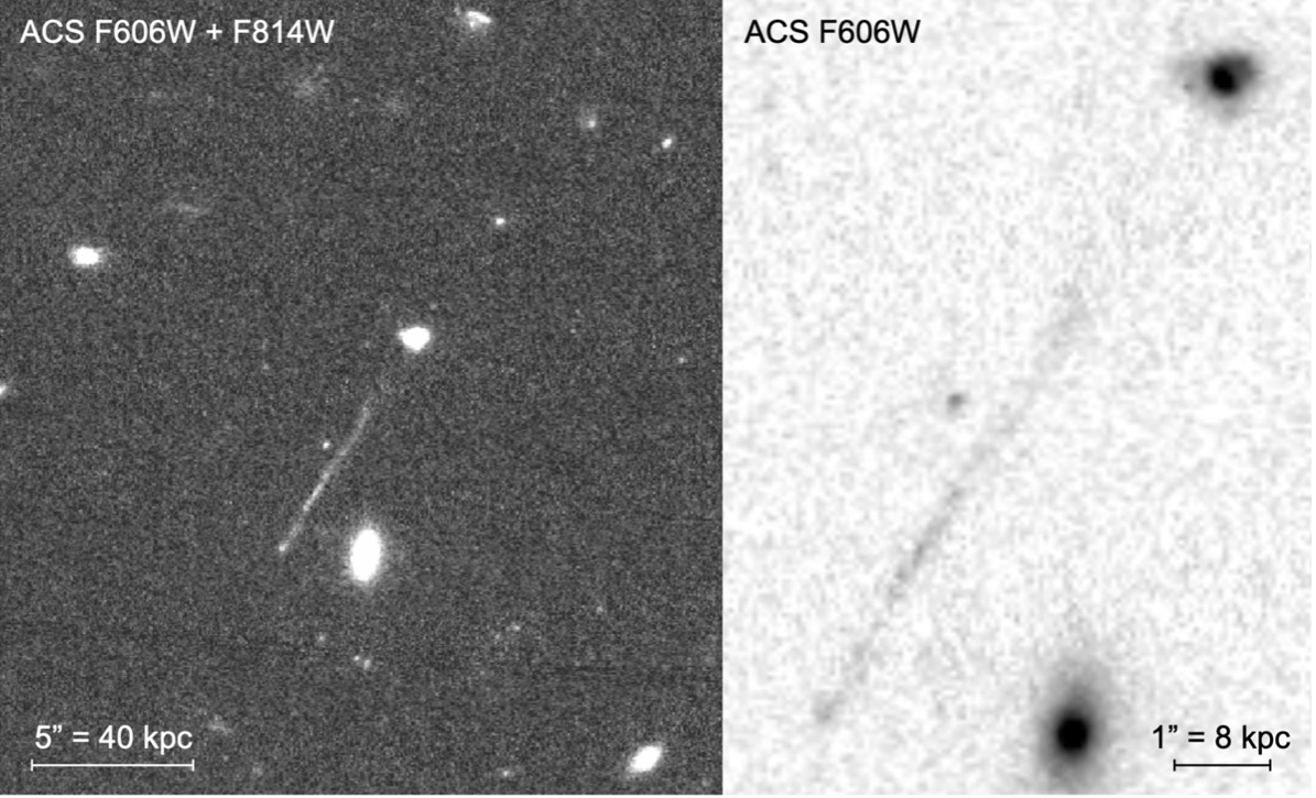 The streak (in the center of both images) appears to originate in a galaxy at the upper right at two different wavelengths.