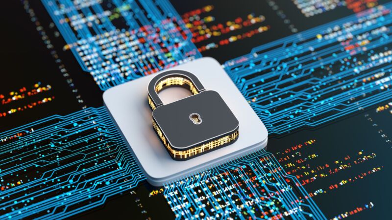 Digital illustration showing a padlock on top of computer circuit board.