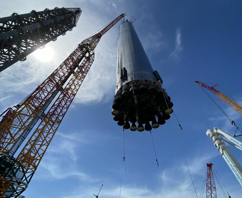 Photo from underneath a giant rocket component.