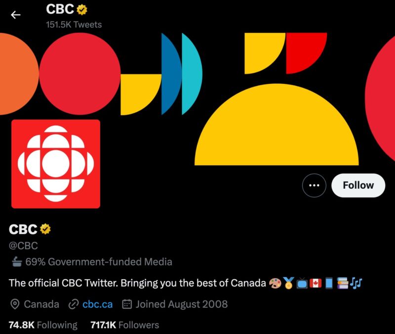 Screenshot of the CBC's Twitter account labeled 