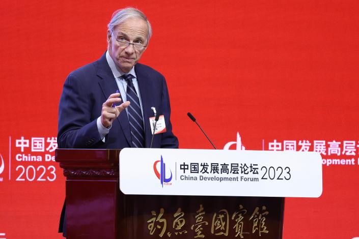 Ray Dalio, founder of Bridgewater Associates LP, speaks at the 2023 China Development Forum (CDF) at Diaoyutai State Guesthouse on March 25, 2023 in Beijing, China.