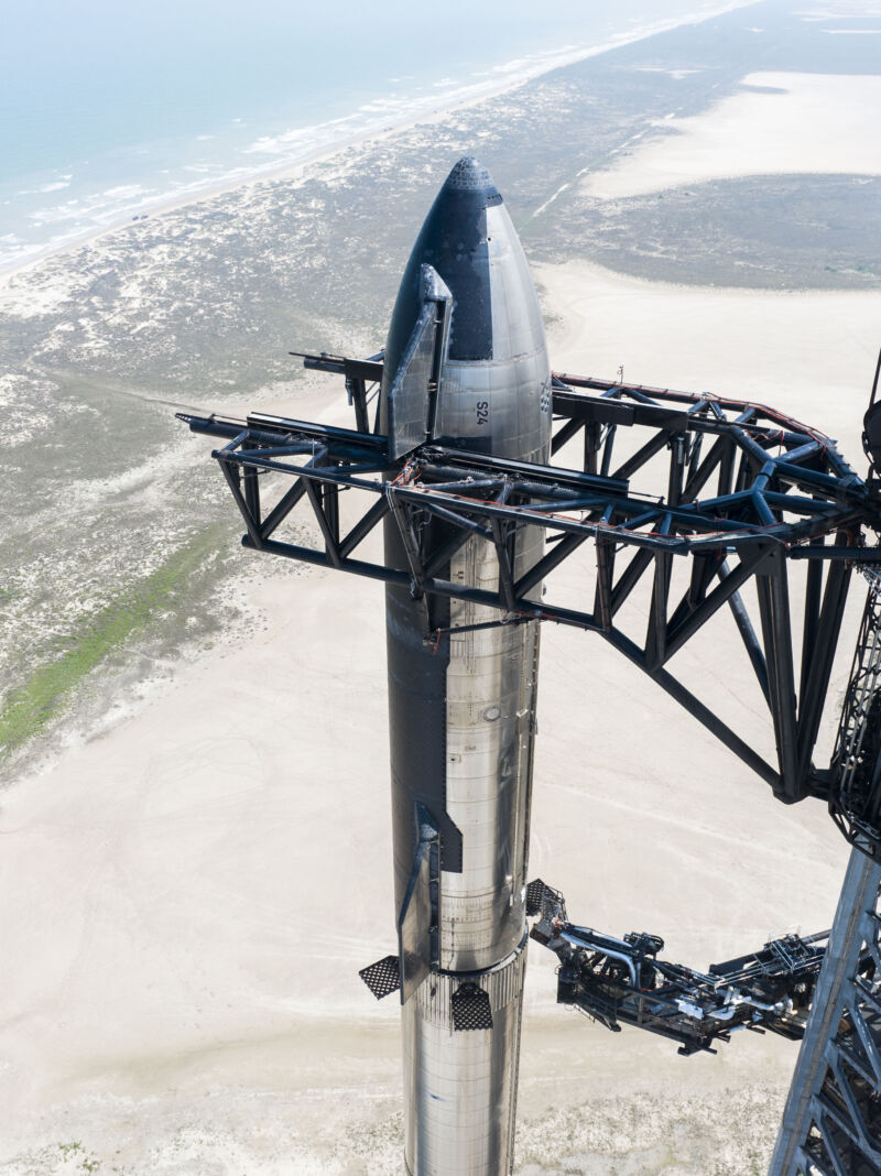 SpaceX's Starship rocket is seen for its integrated flight test.