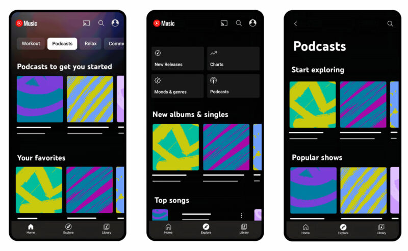 YouTube Music podcast demo pages.  There will be promotion on the "At home" And "To discover" Pages. 