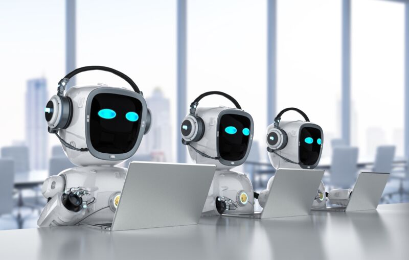 Illustration of robots wearing telephone headsets and sitting in front of laptop computers.