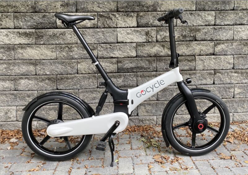 Image of a white folding bicycle.