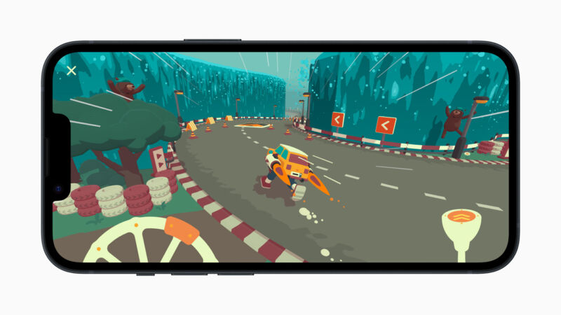 An iPhone 14 Pro with a low-poly racing game