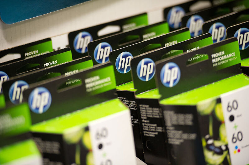 The Hewlett-Packard logo can be seen on the ink boxes of printer printers on display