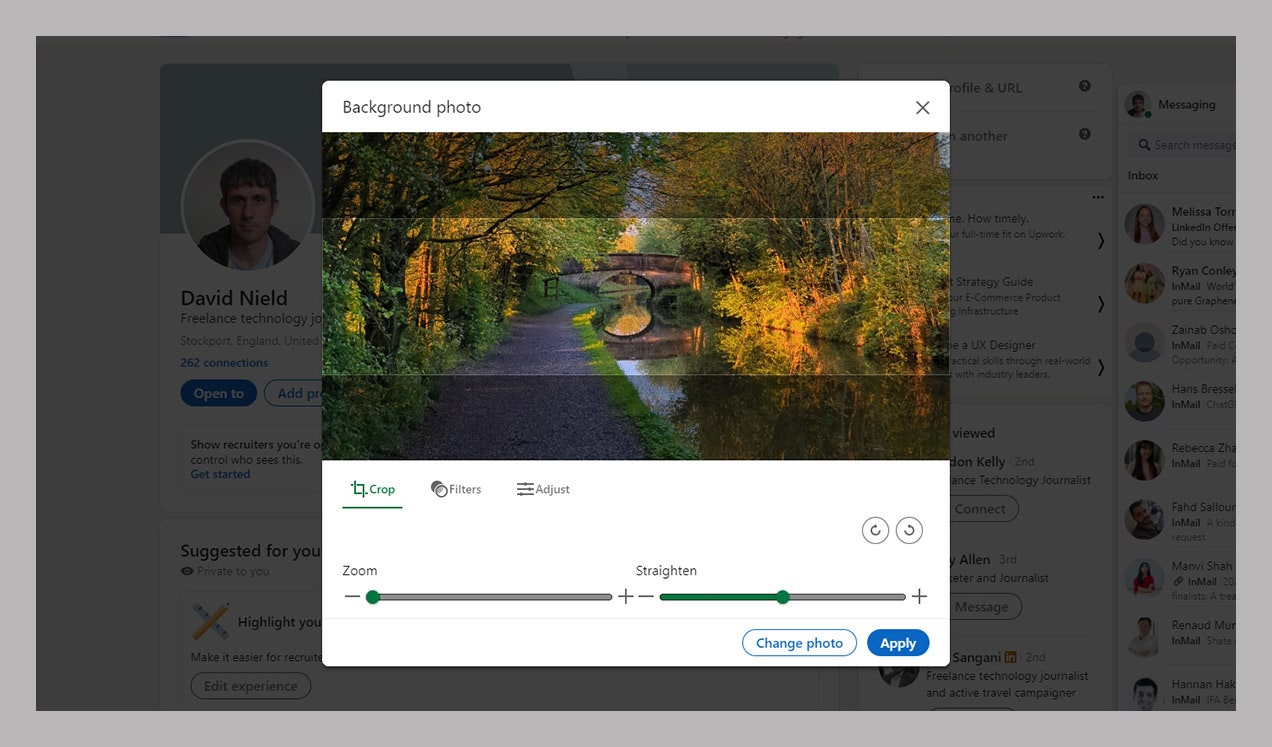 Screenshot of LinkedIn background photo settings