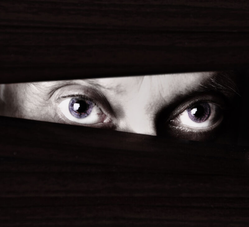 Black and white close-up of sinister-looking male eyes looking suspiciously through the slats of a closed venetian blind.  Could be a criminal or a stalker or a watchful homeowner.