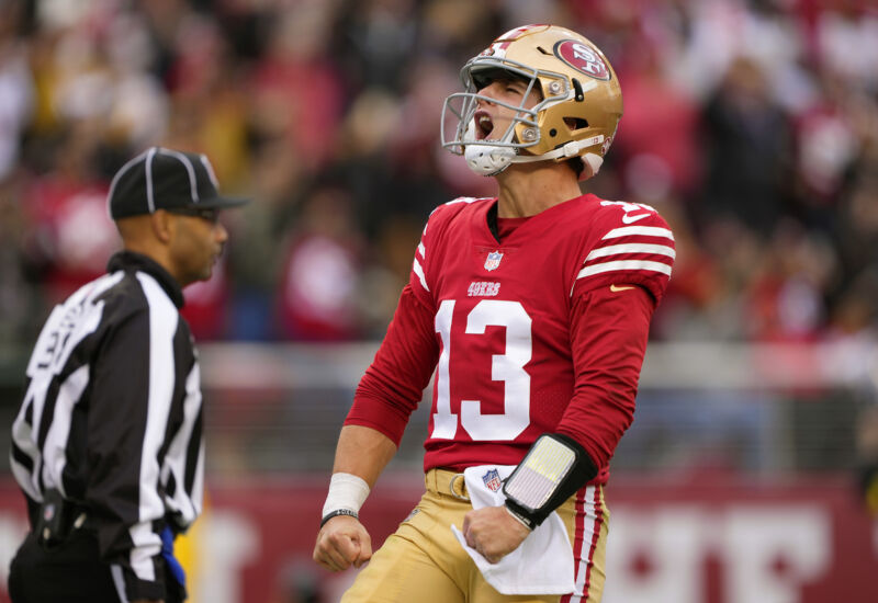 San Francisco 49ers new star quarterback Brock Purdy celebrates during an amazing 35-7 win over the Tom Brady-led Buccaneers.