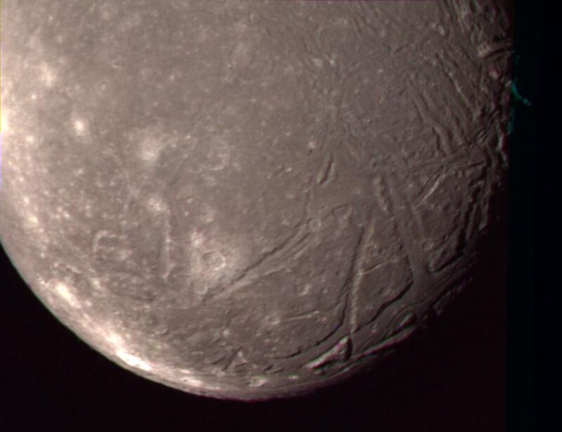 Ariel's complex terrain is seen in this image, the best Voyager 2 color photograph of the Uranian moon.