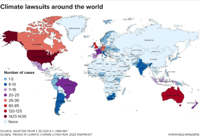 This map shows cumulative figures (until 31 May 2022) of climate cases filed in national courts.  The vast majority were filed in the United States, perhaps because most US cases have been directed against individual infrastructure projects and not overarching government policies.