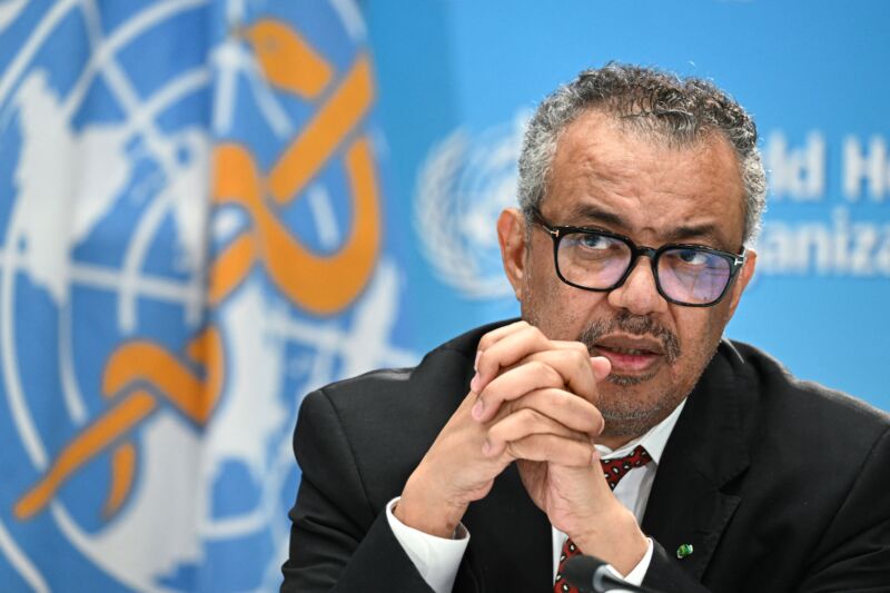 World Health Organization (WHO) chief Tedros Adhanom Ghebreyesus speaks at a press conference marking the 75th anniversary of the World Health Organization in Geneva, April 6, 2023. 