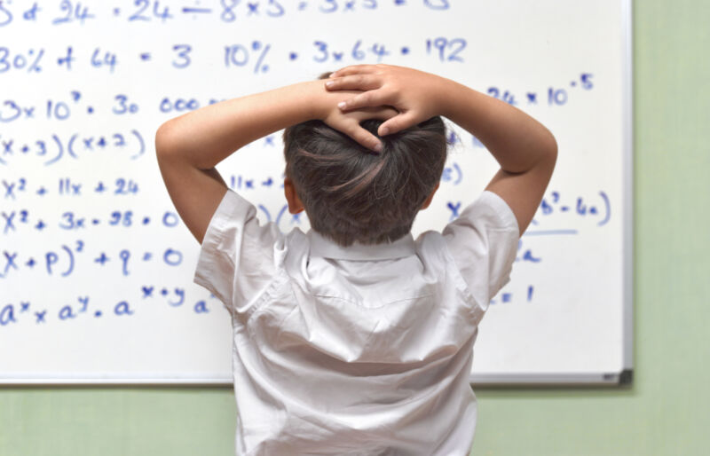 Image of a student standing in front of a whiteboard with equations.