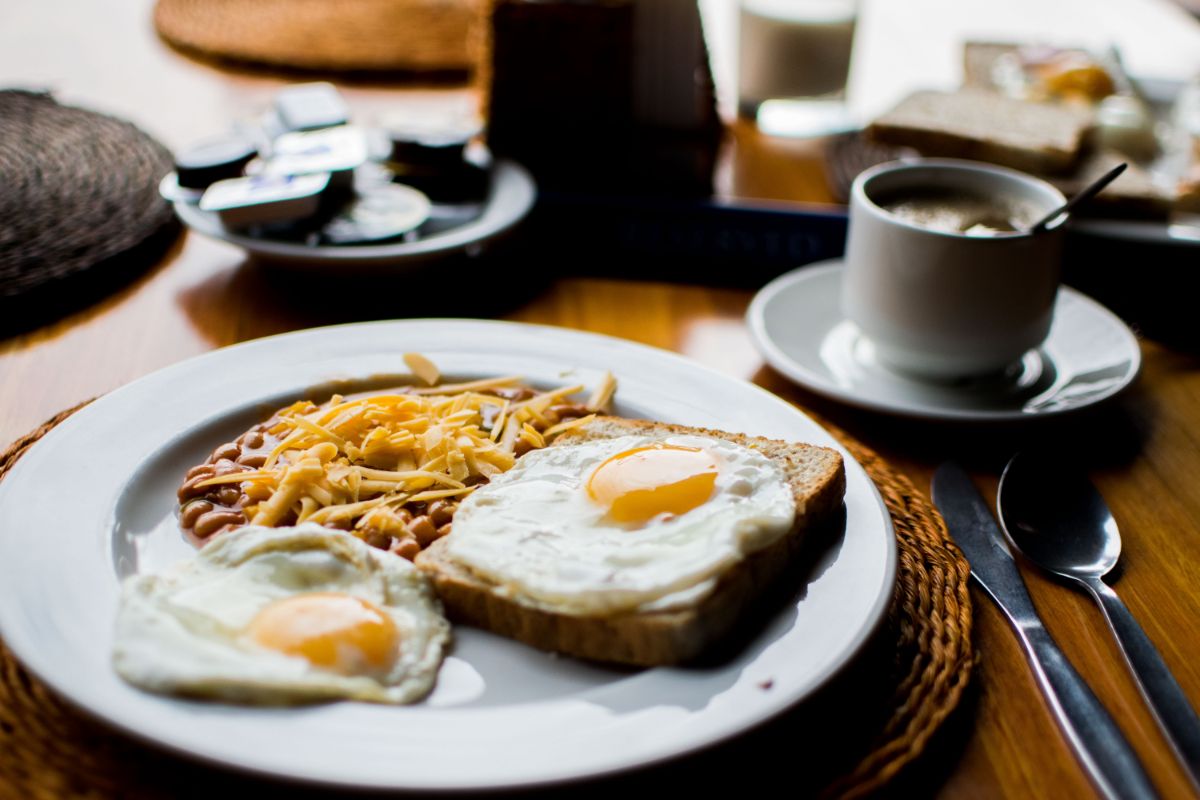 Breakfast with eggs and coffee