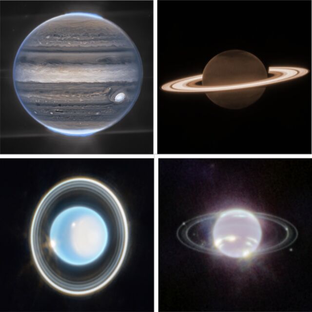 The first images from the James Webb Space Telescope (clockwise) of Jupiter, Saturn, Uranus and Neptune.