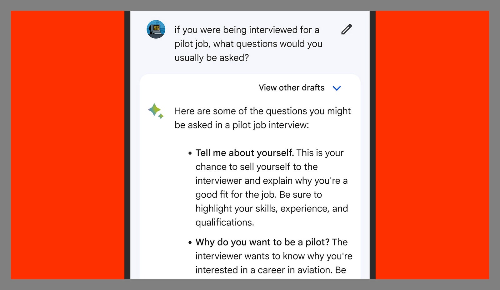 Google Bard answers the prompt if you are being interviewed for a pilot job what questions would you usually be asked