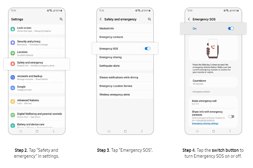 Samsung shows how to turn off emergency SOS, but Samsung phones apparently don't have that "On off" switch at the top. 