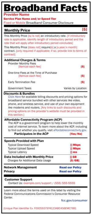 Broadband label that ISPs must display to consumers at the point of sale.