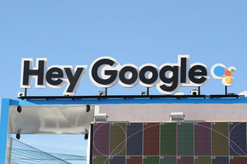 The lettering "Hey Google" at the Google pavilion at the CES consumer electronics show in Las Vegas in 2018. These words activate Google Assistant, Google's virtual personal assistant.