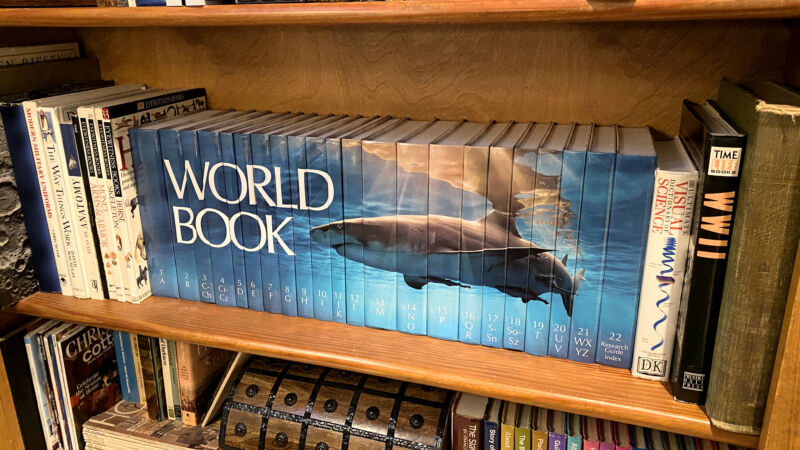 A photo of the 2023 edition of the World Book Encyclopedia on the shelf in the author's family room.