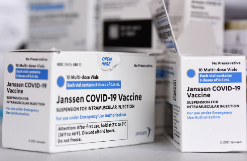 Boxes of Johnson & Johnson's Janssen COVID-19 vaccine at a Florida vaccination site.