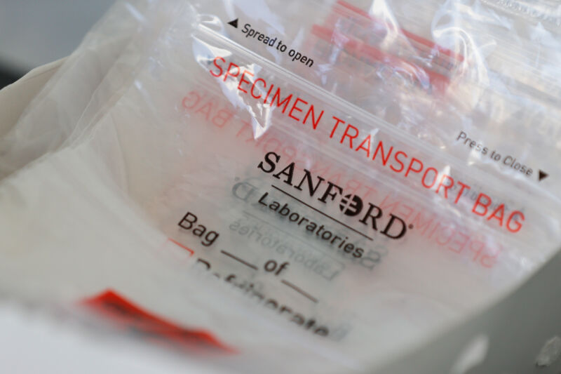 Clinical specimen bags labeled with Sanford Health.