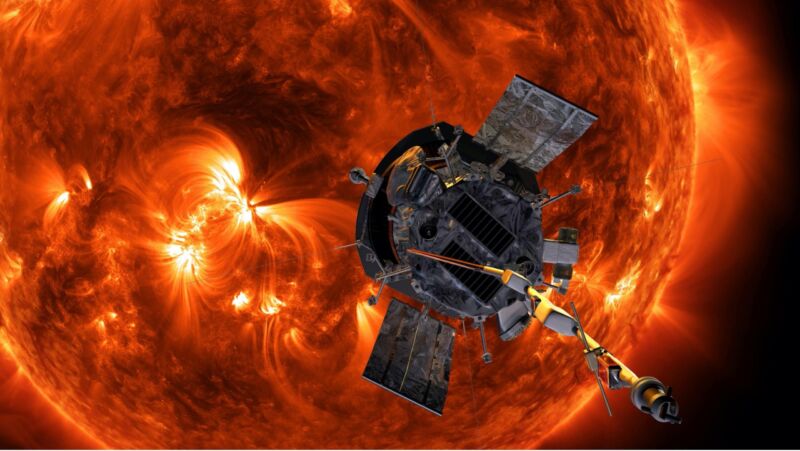 Image of a satellite in front of the sun's surface.