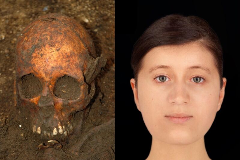 (left) Skull of a teenage girl from the 7th century AD.  (right) Facial reconstruction as she might have looked in life.