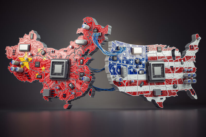 Computer chips from the map of China and the USA in the colors of flags