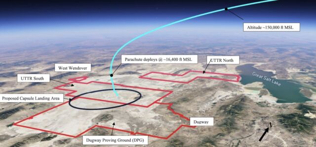 This graph from an FAA environmental assessment shows the expected trajectory of Varda's reentry vehicle as it approaches the Utah Test and Training Range.