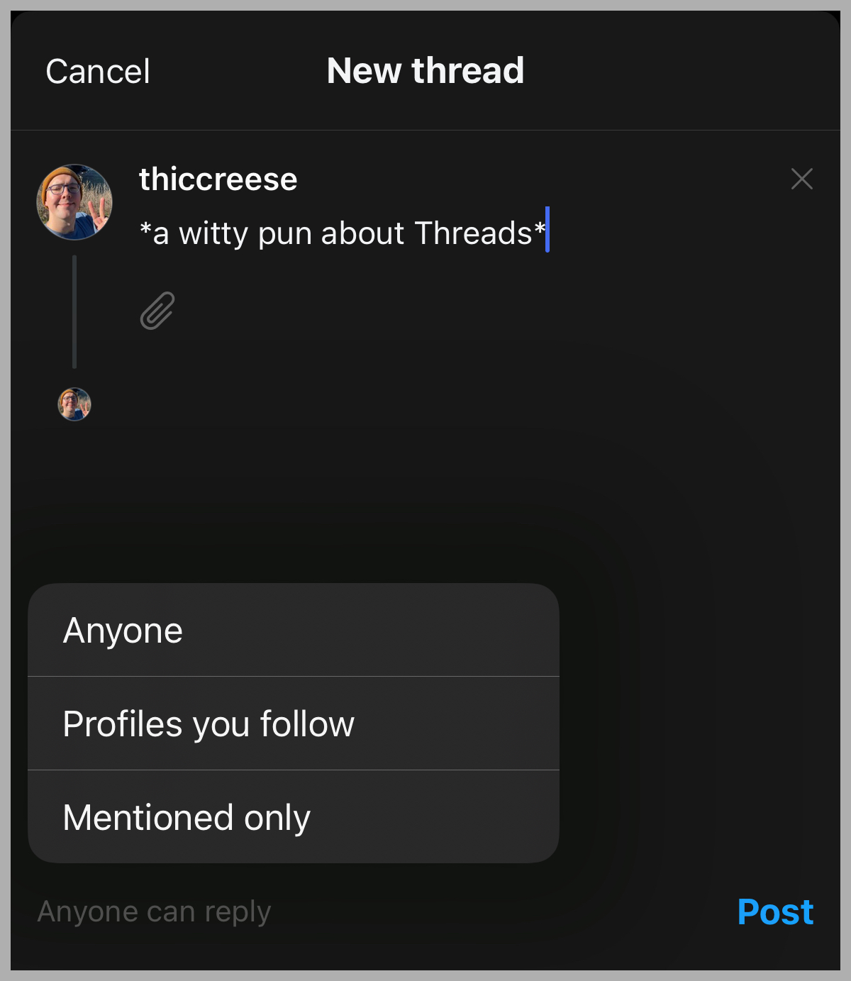 Screenshot of a text message in the Threads app