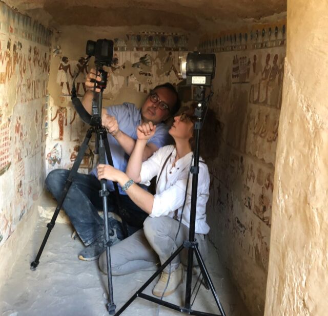 Philippe Walter and Catherine Defeyt take measurements in the Noble Valley in Luxor (Egypt) using the portable XRF mapping machine.