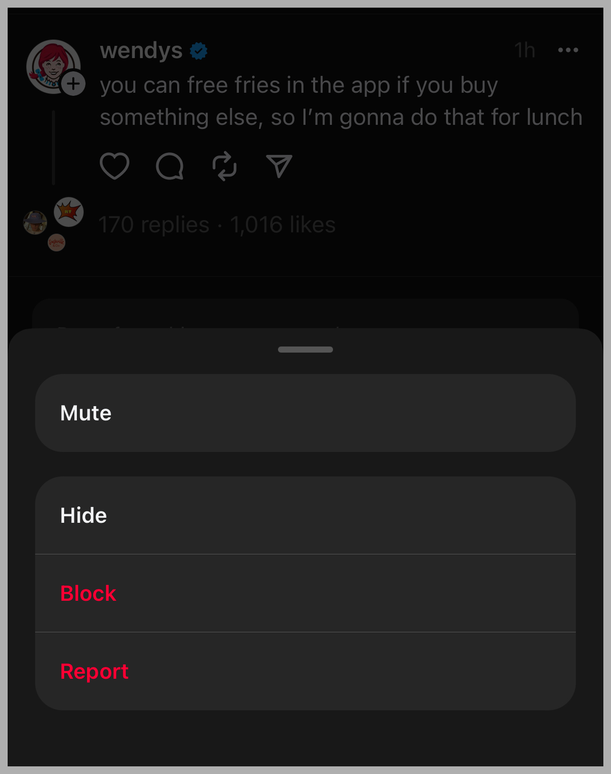 Screenshot of a Settings pop-up menu in the Threads app