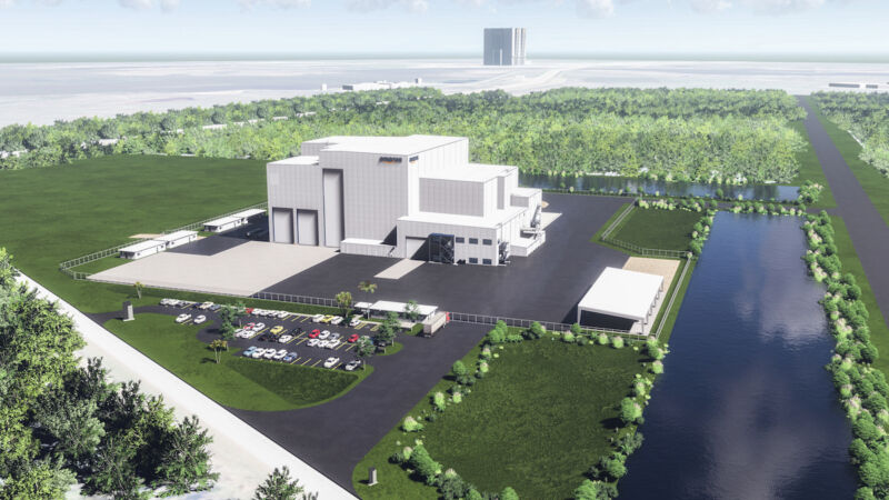 Artistic illustration of Amazon's Kuiper satellite processing facility at NASA's Kennedy Space Center.